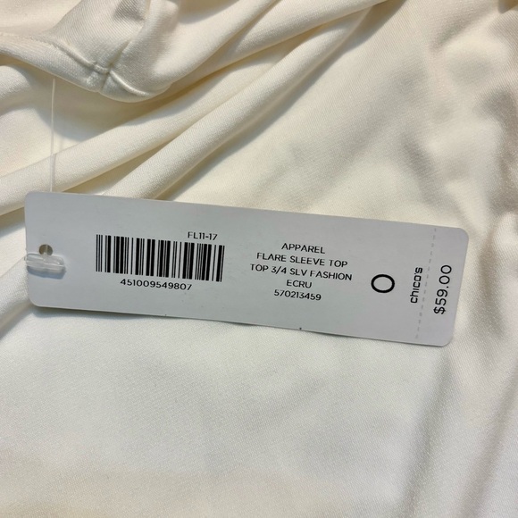 NWT Chico’s Top 0 (Small) Cream Flowy Flare Sleeve 3/4 Length Ecru Stretchy - Picture 11 of 14